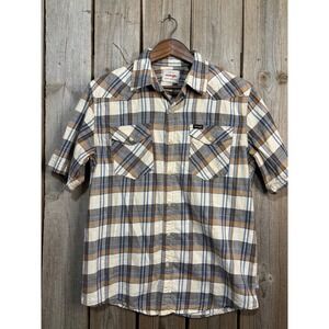Wrangler Mens Blue Brown Plaid Short Sleeve Western Snap Pearl Button Shirt M